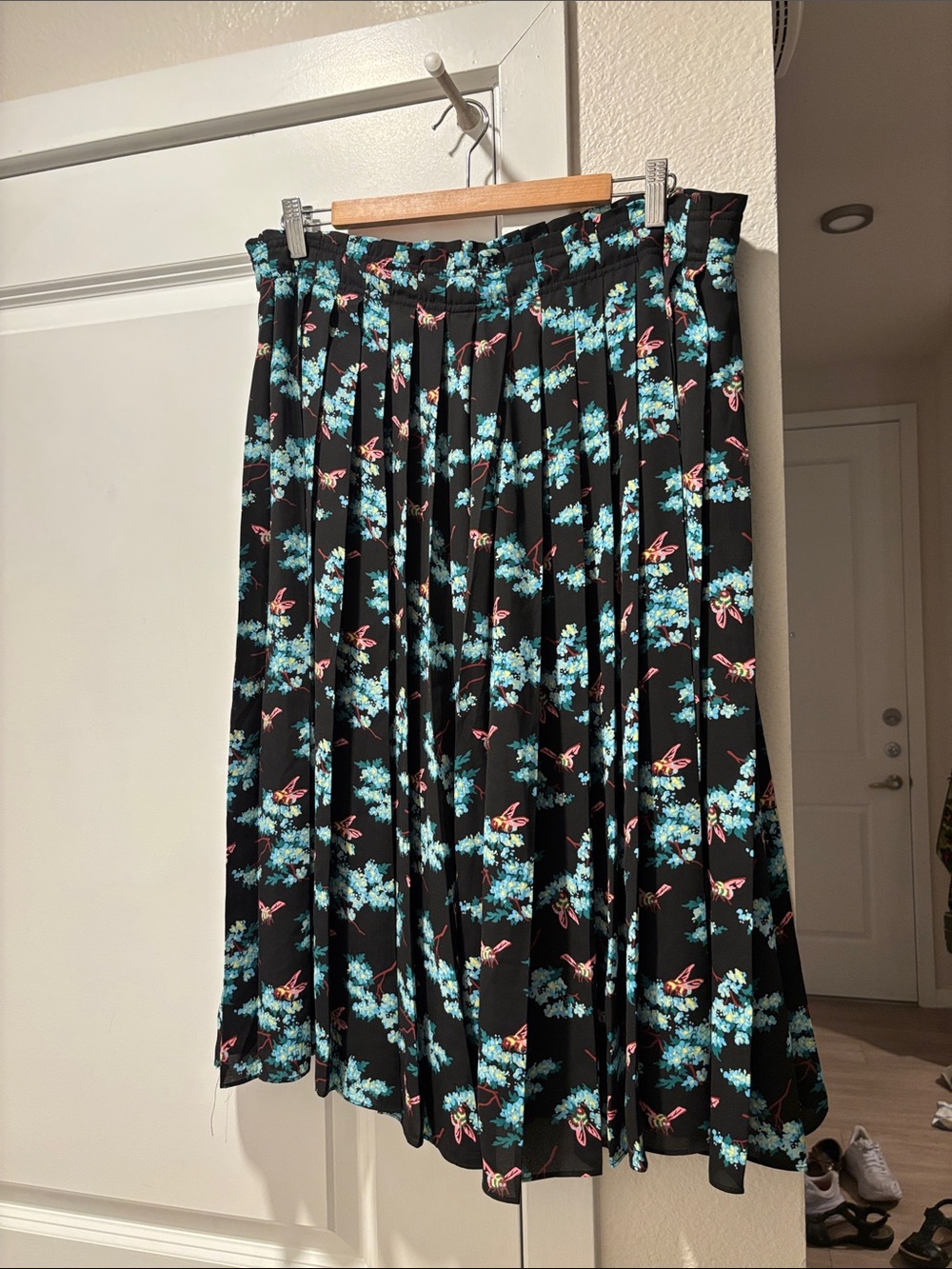 J. Crew Black Pleated Midi Skirt with Teal and Botanical Bees Print